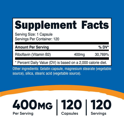 Nutricost Vitamin B2 (Riboflavin) 400Mg, 120 Capsules - Gluten Free, Non-Gmo