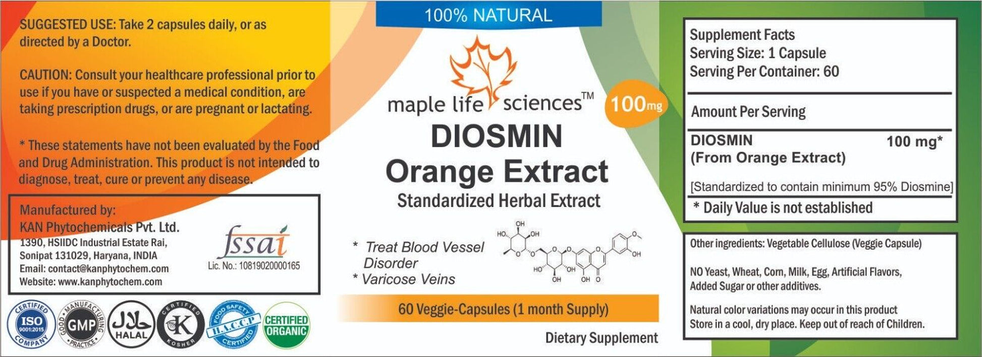 DIOSMINE Orange Extract (95% Diosmine HPLC) Capsules Pure High Quality No Filler