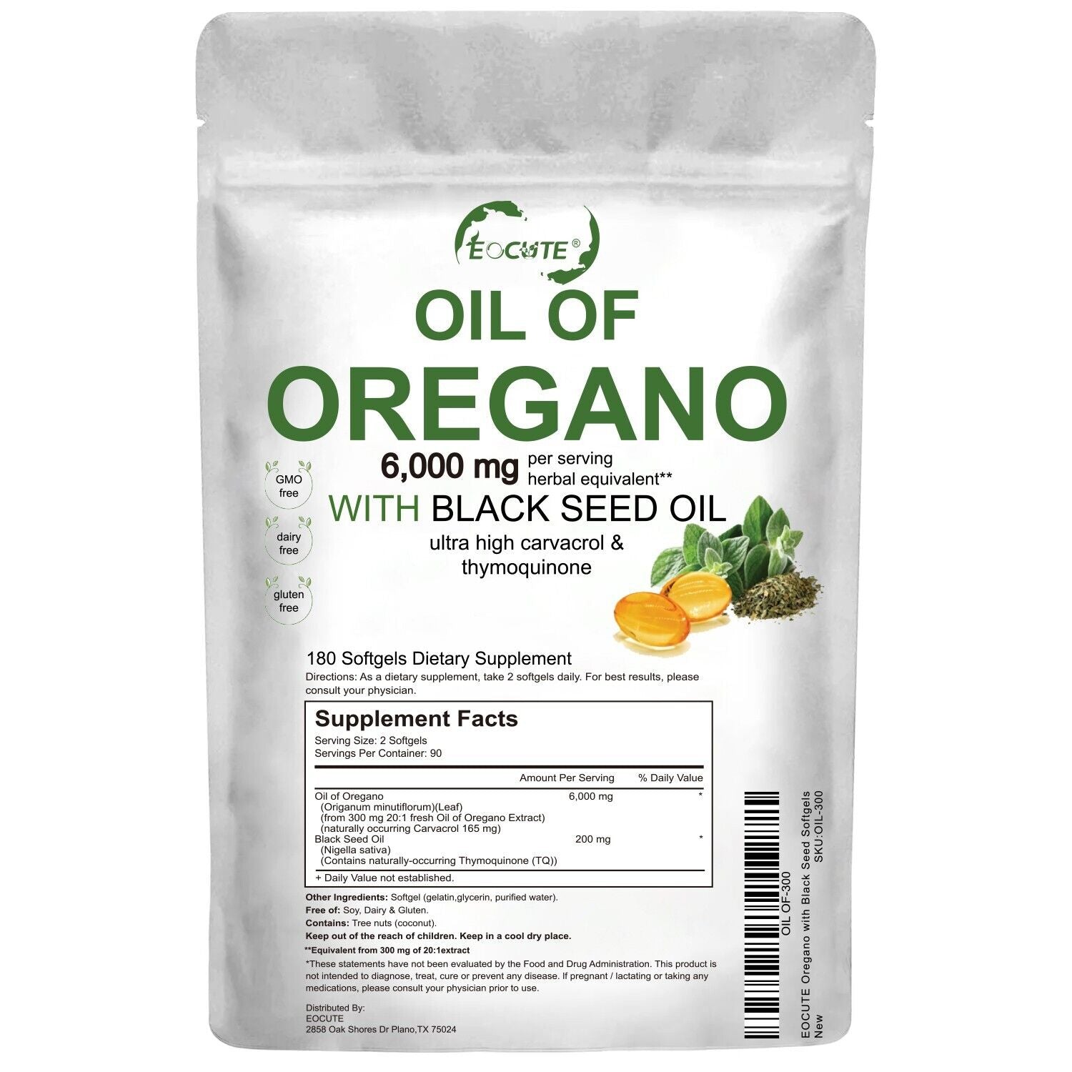 Organic Oil of Oregano 180 Softgels 2 in 1 Black Seed Oil Herbal Supplement US