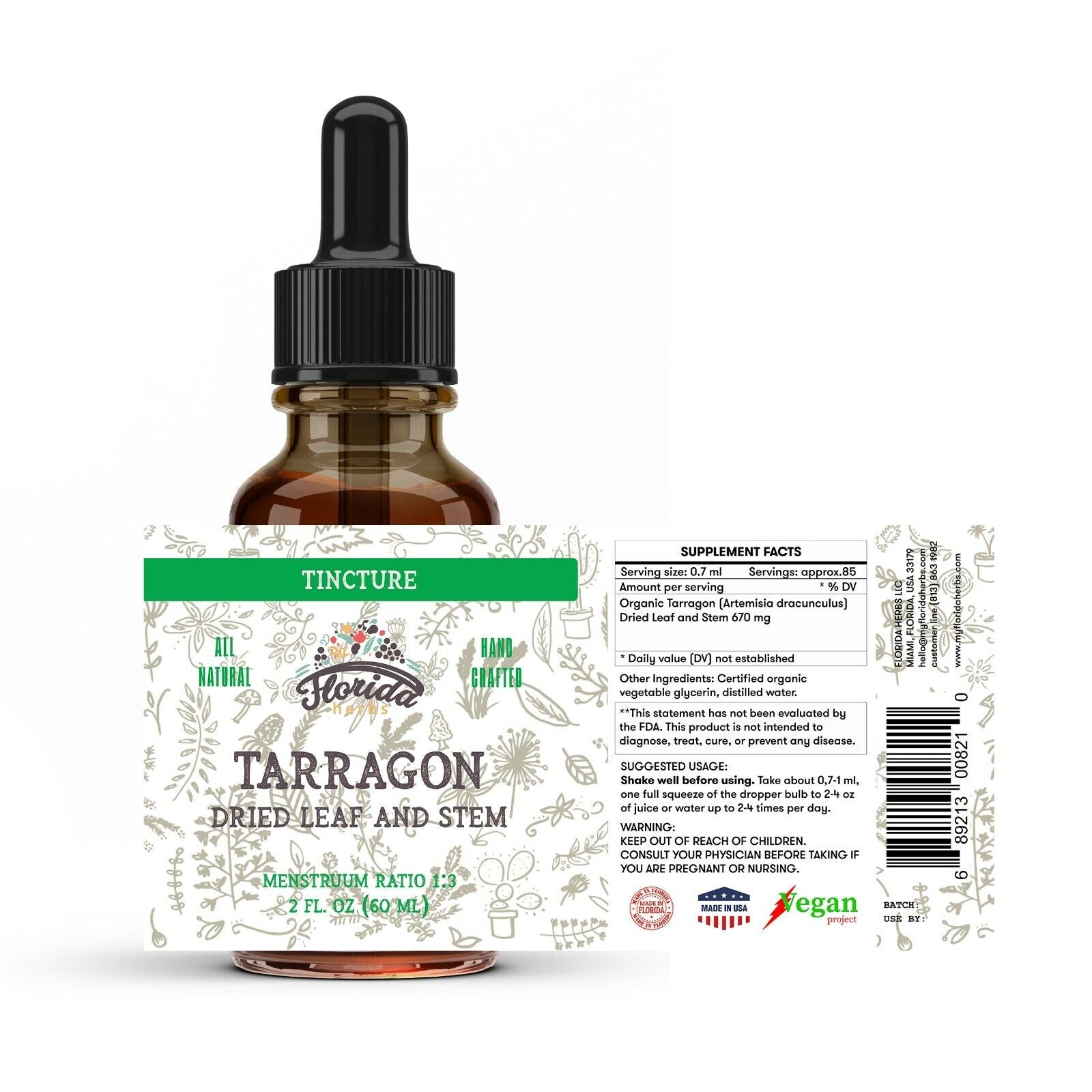 Tarragon Tincture, Organic Extract Drops (Artemisia Dracunculus) Dried Leaf