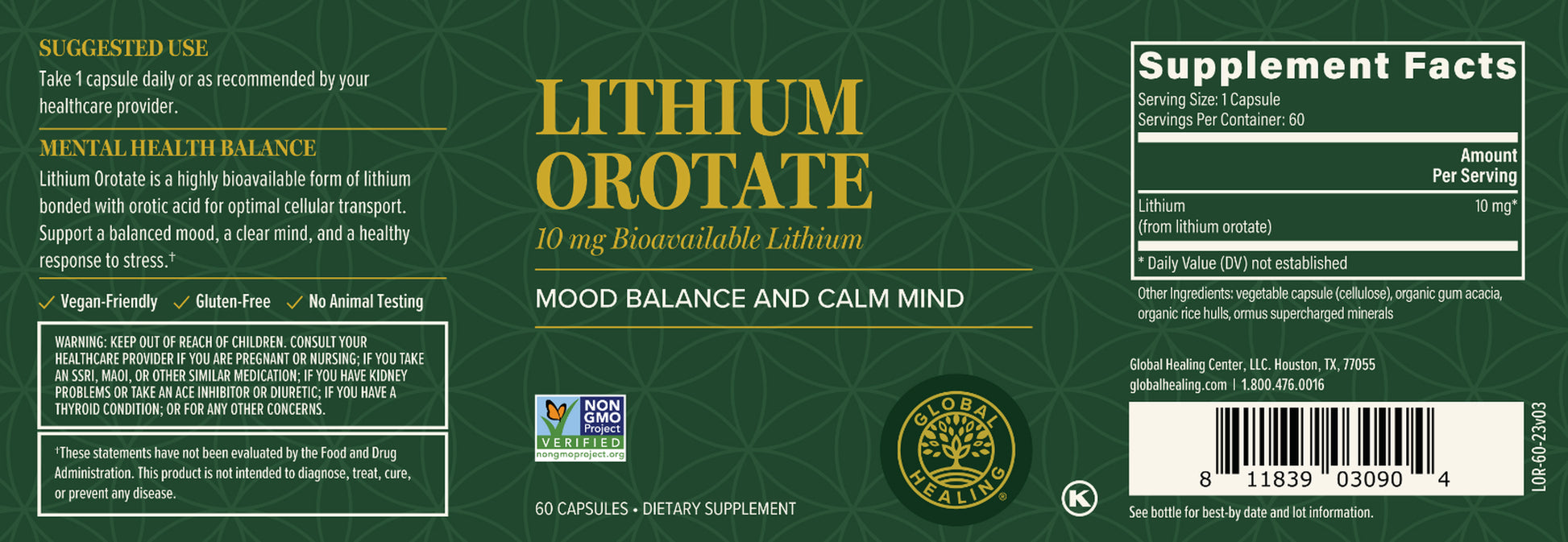 Global Healing Lithium Orotate 10Mg Supplement - 60 Capsules