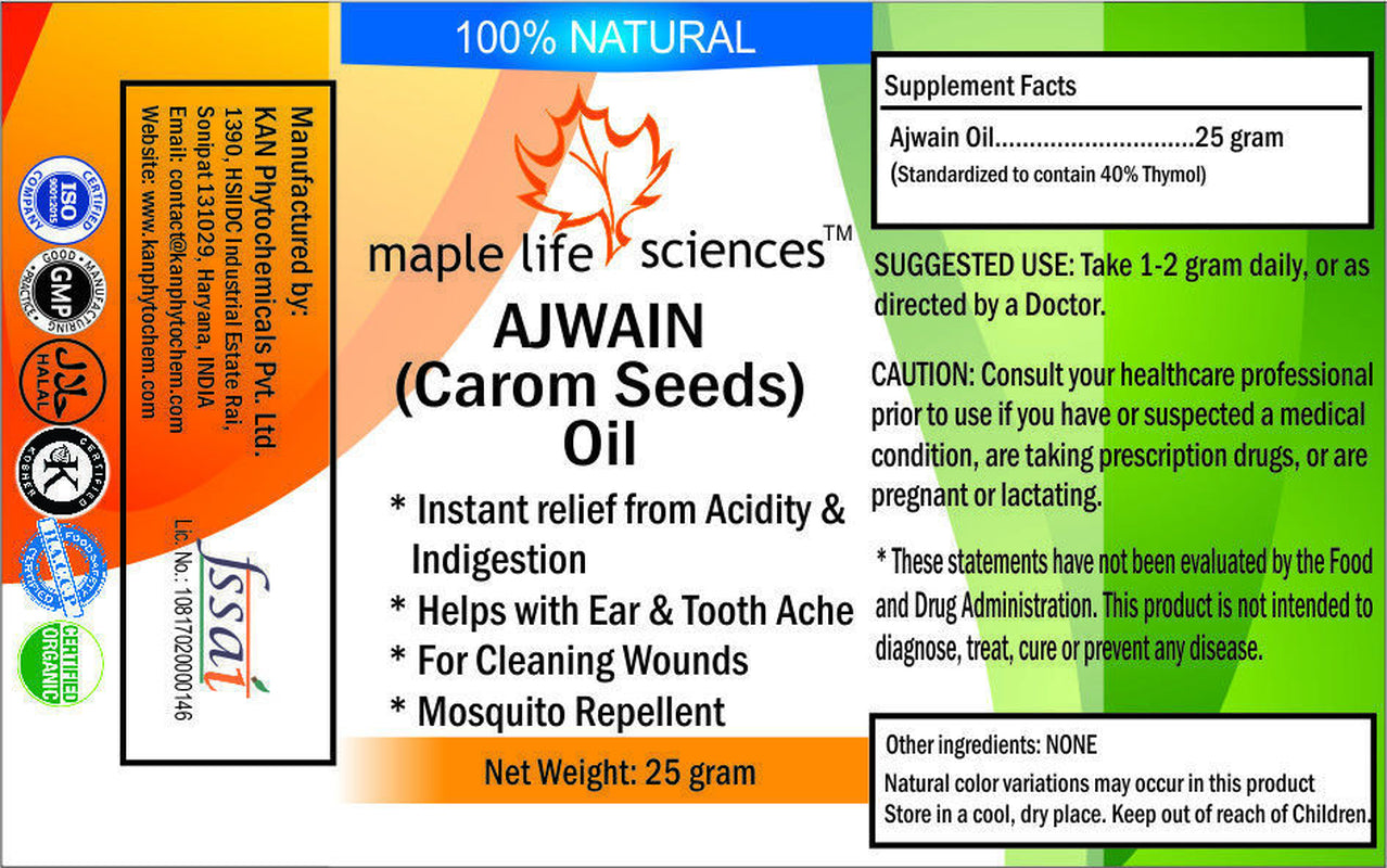 Carom Seed Oil Pure & Natural Ajwain/ Ajowan Oil 40% Thymol Hair Skin Health