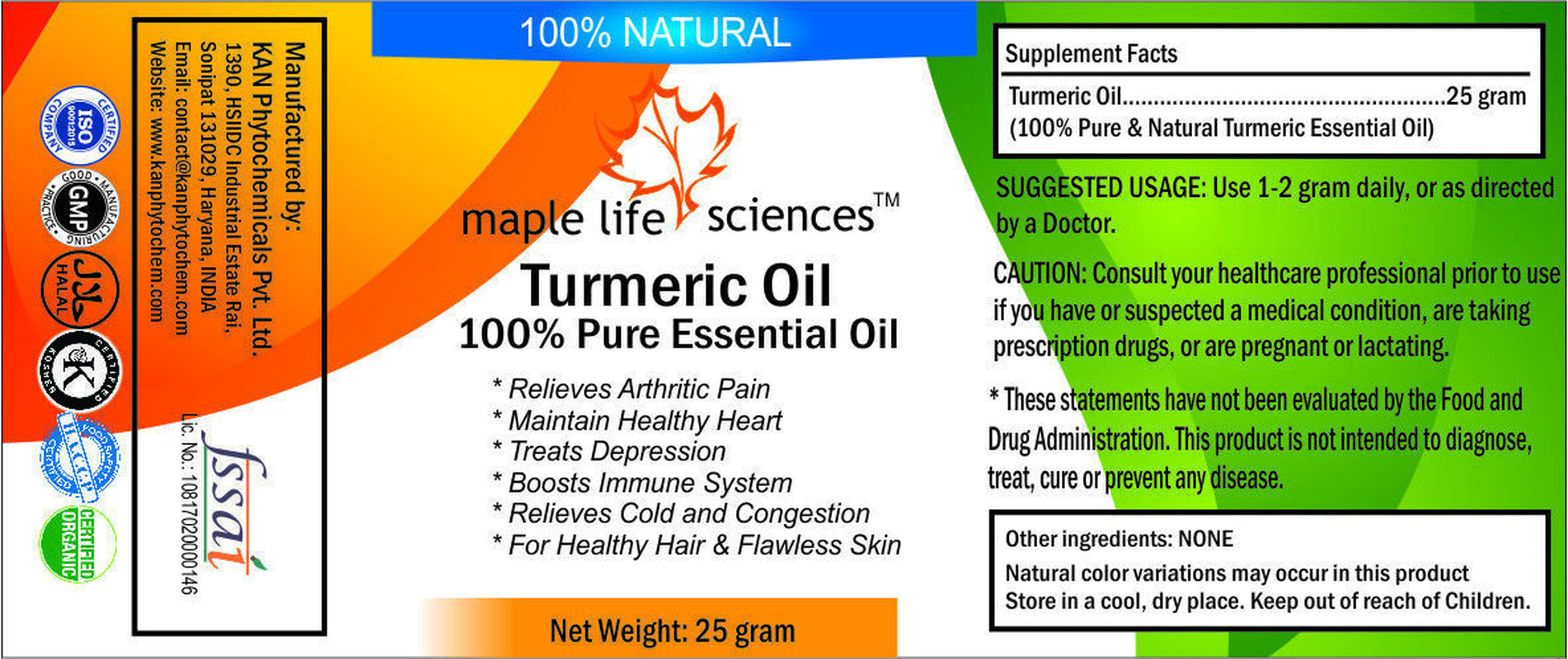 Turmeric Oil 100% Pure & Natural Arthritic Pain Boost Immune System Cold Flu