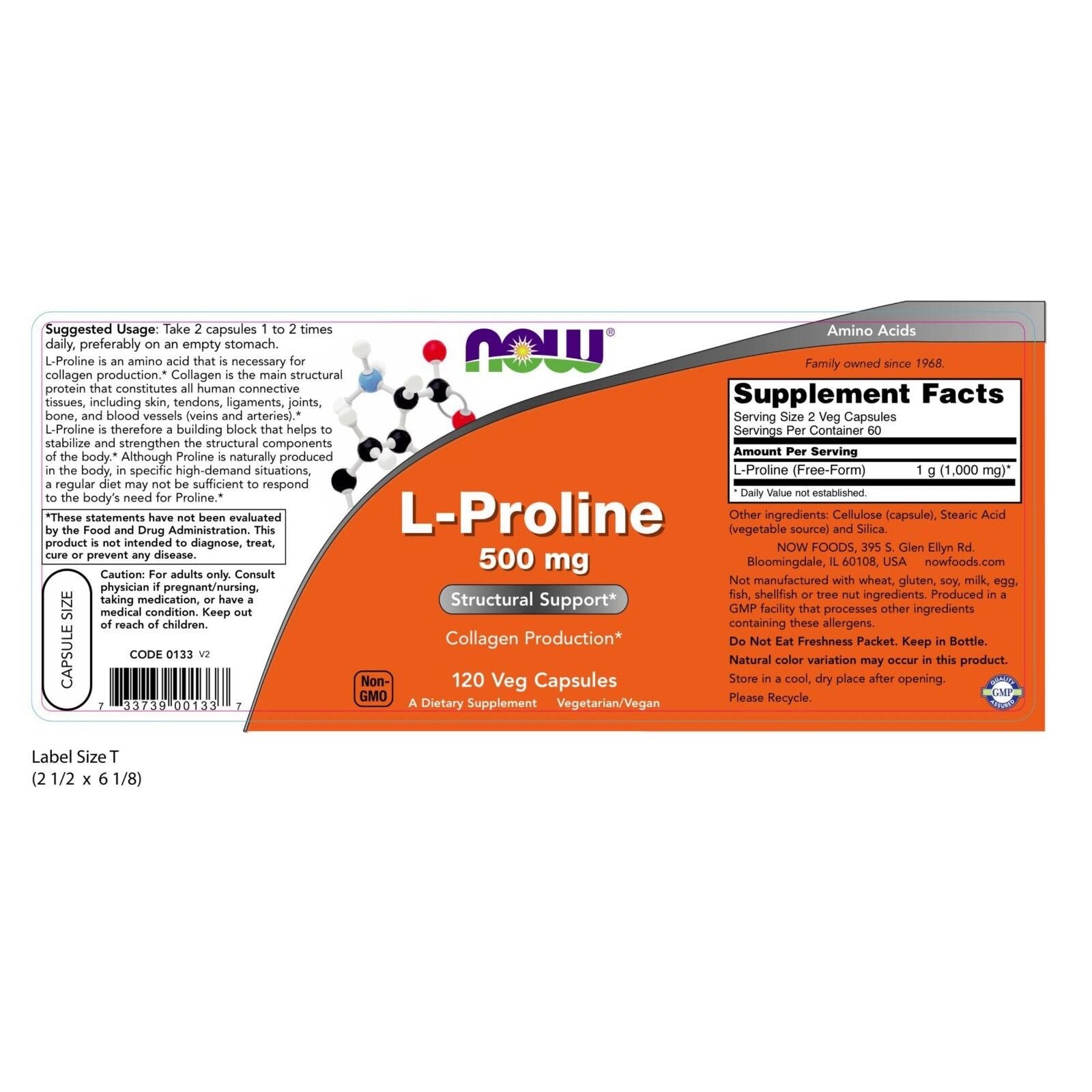 NOW Foods L-Proline, 500 Mg, 120 Veg Capsules