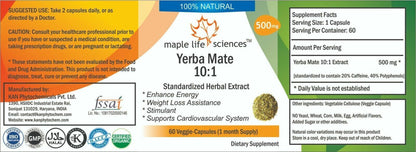 Yerba Mate 10:1 Extract Capsules Stimulant Energy Booster Fat Burner