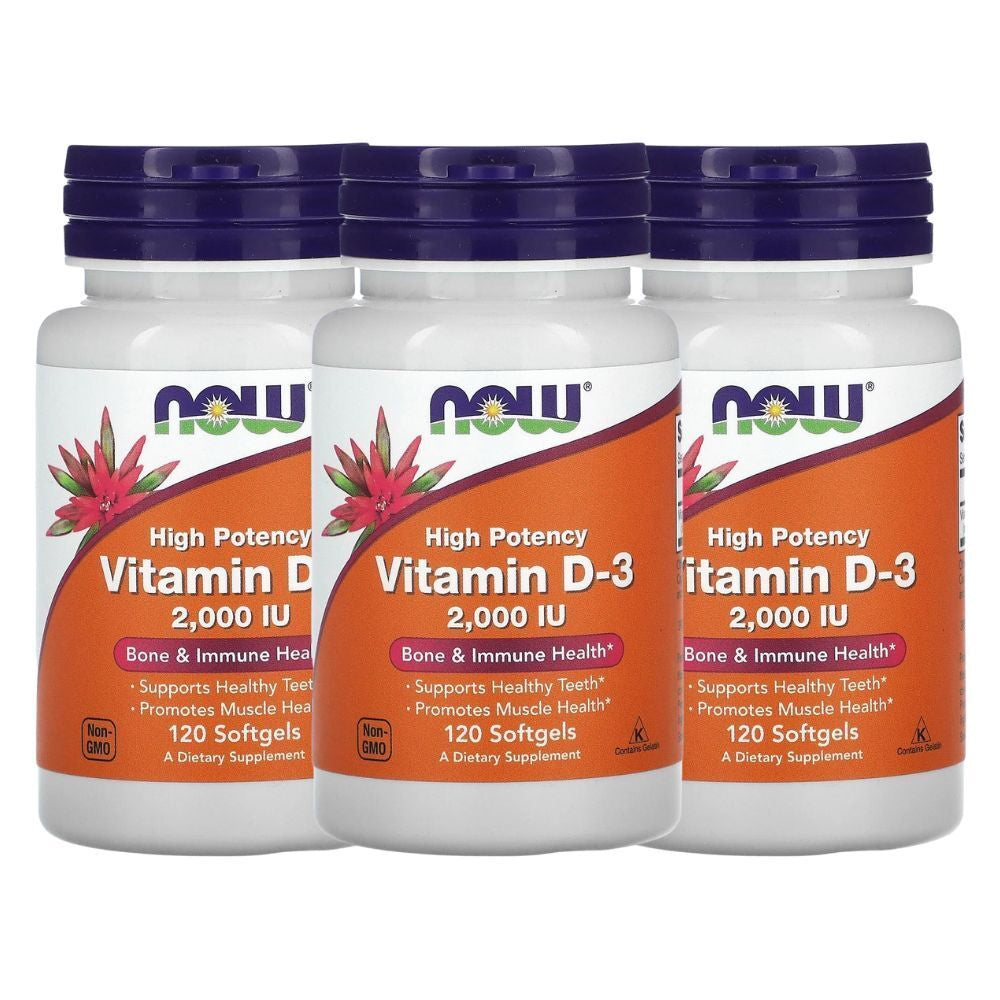 Now Foods Vitamin D-3, 50 Mcg (2,000 IU), 120 Softgels, 3 Pack