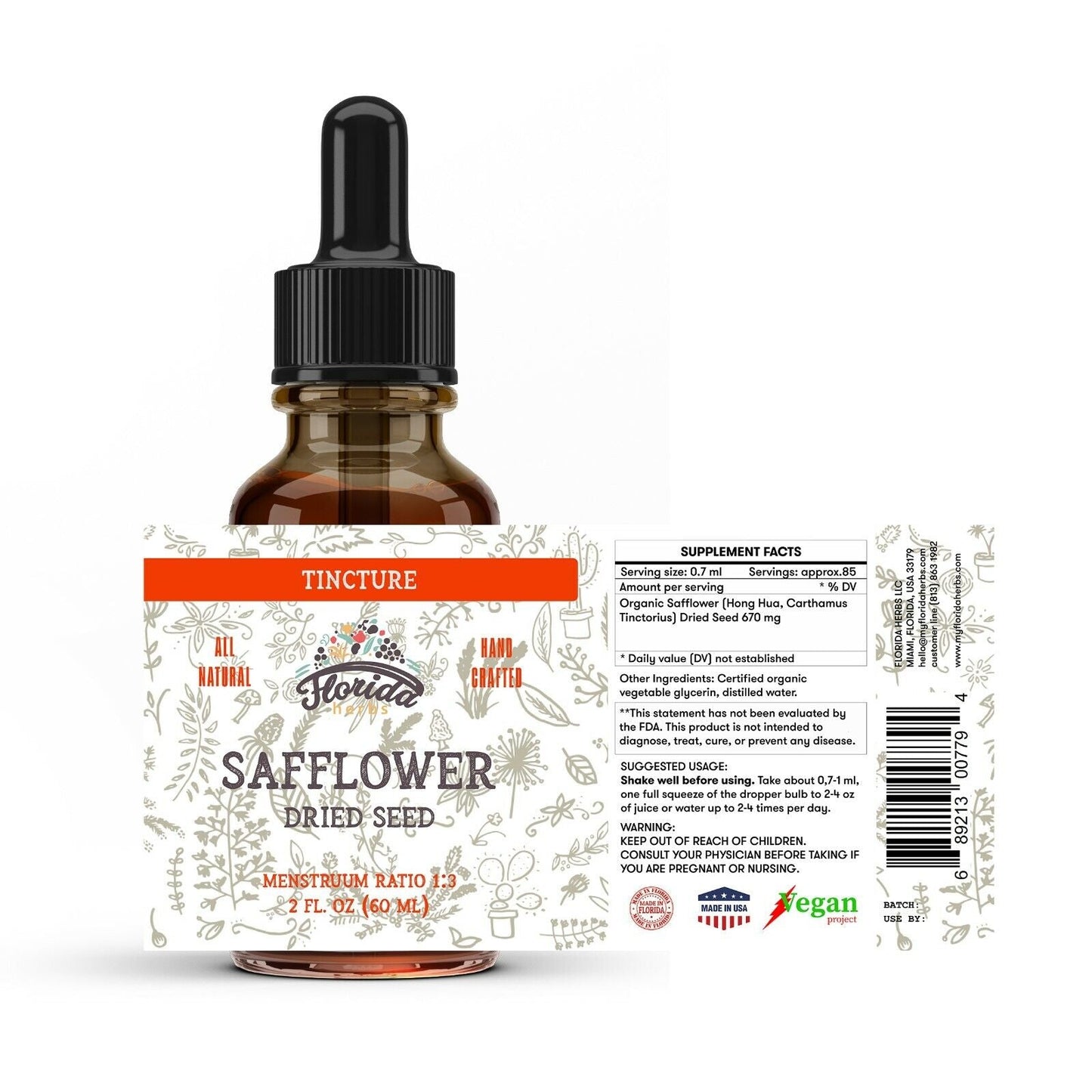 Safflower Tincture, Organic Safflower Extract (Hong Hua, Carthamus Tinctorius)