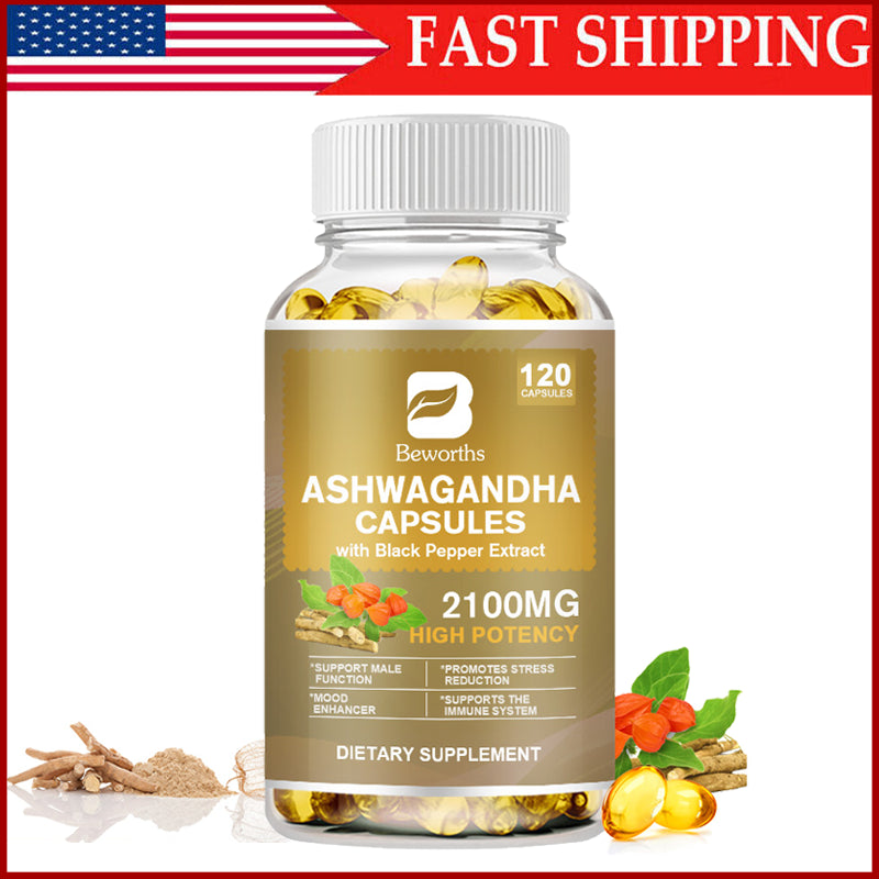 Organic Ashwagandha Capsules 2100Mg Supplement W/ Black Pepper Root Powder