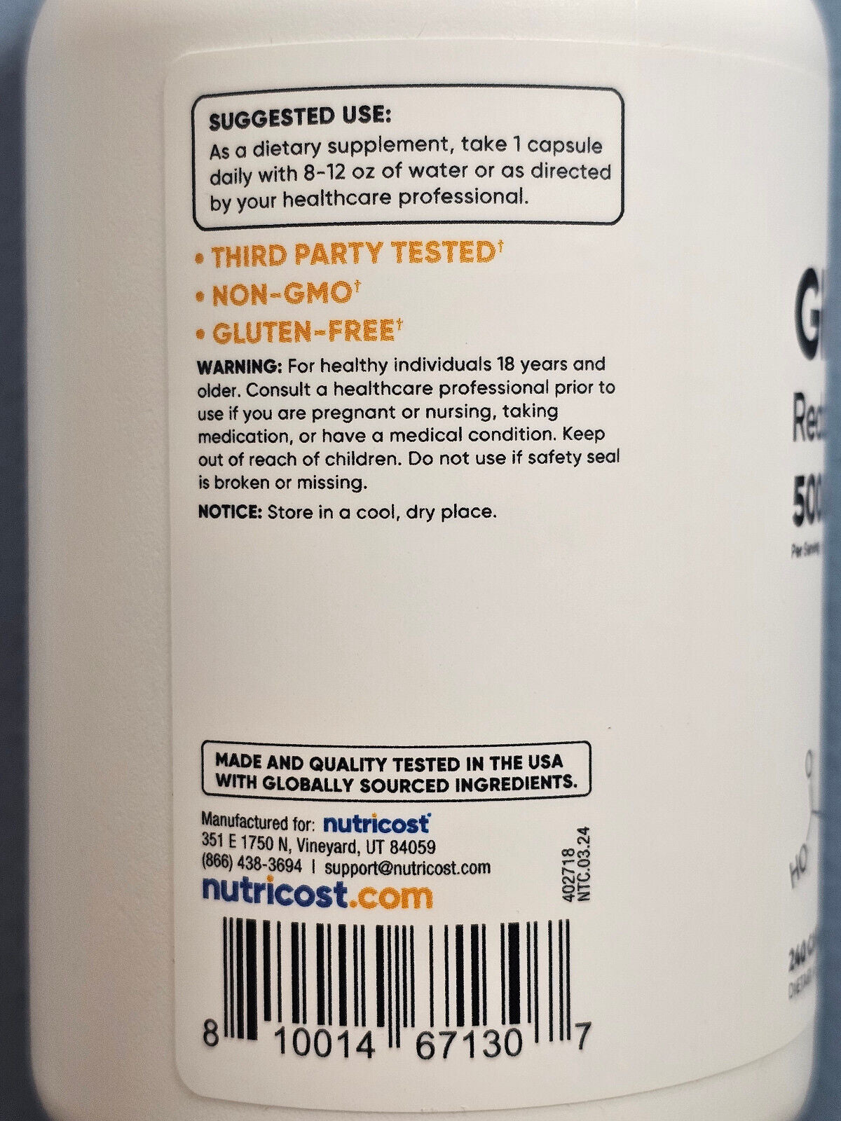 Nutricost Glutathione Reduced Form 500 Mg 240 Capsules - New Sealed! Exp 4/2027