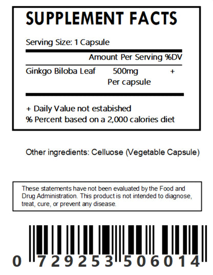 Organic Ginkgo Biloba Leaf Capsules (500Mg Each)