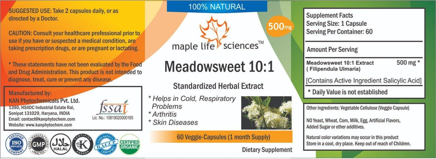 Meadowsweet 10:1 Extract Capsules Salicylic Acid Pure High Quality No Filer