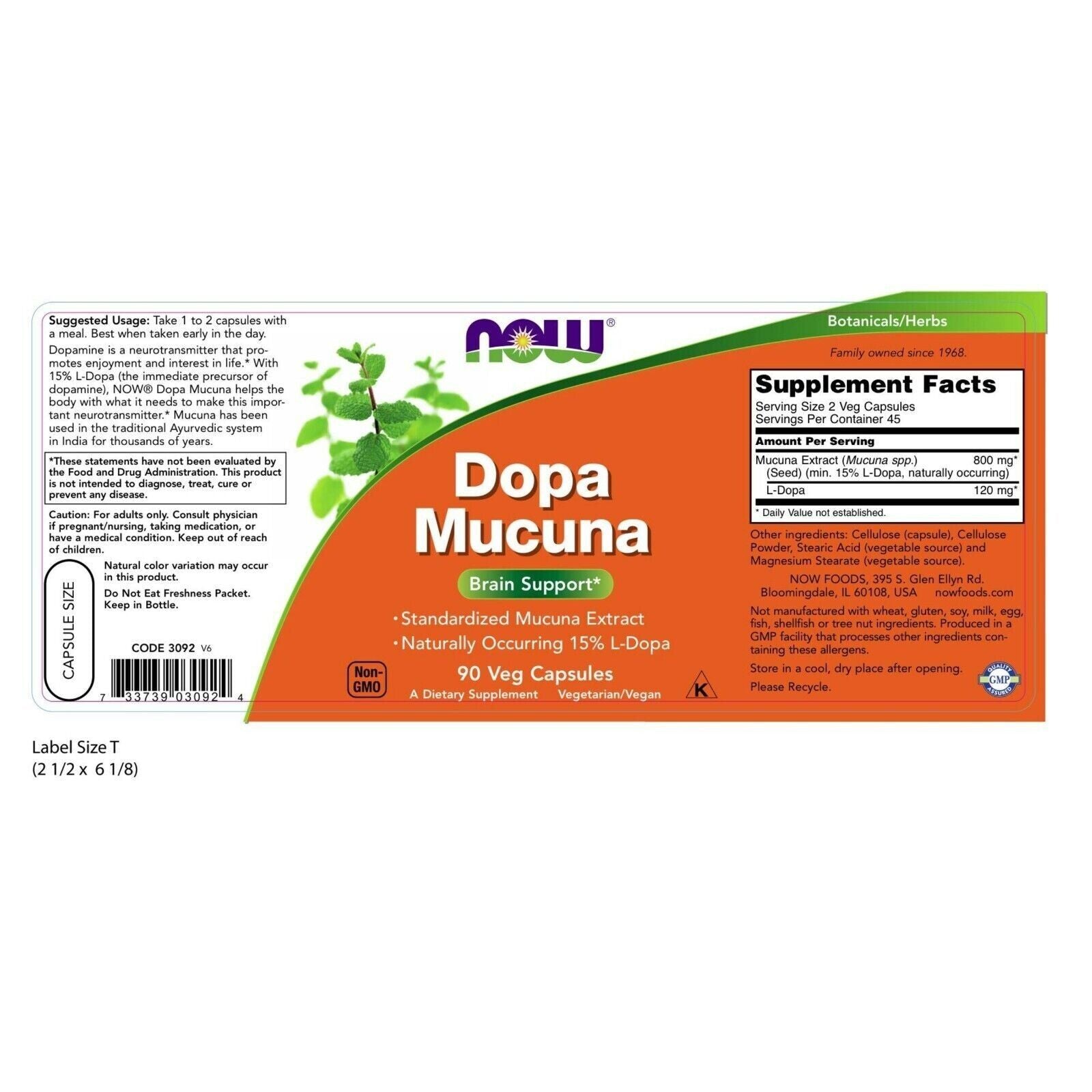 NOW FOODS DOPA Mucuna 920Mg - 90 Veg Caps Non GMO USA Kosher Best By: 5/2026