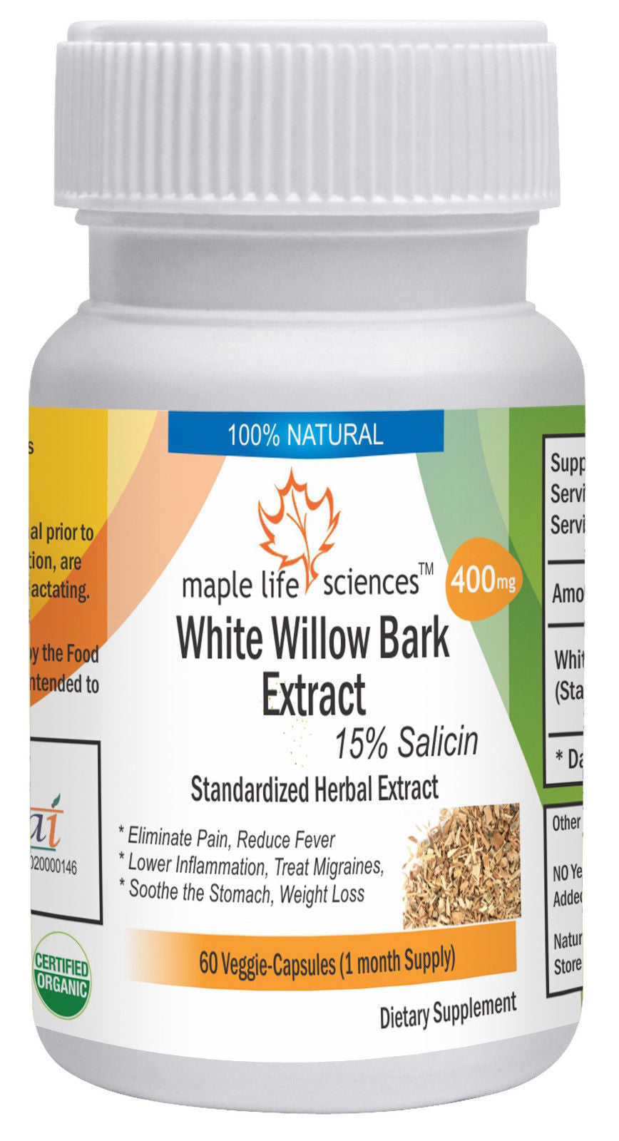 White Willow Bark Extract Capsules 15% Salicin Relief Joint and Muscles Pain