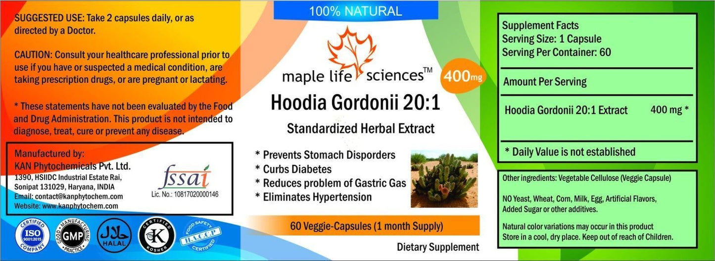 Hoodia Gordonii 20:1 Extract Capsules Suppresses Appetiie & Boosts Energy Level