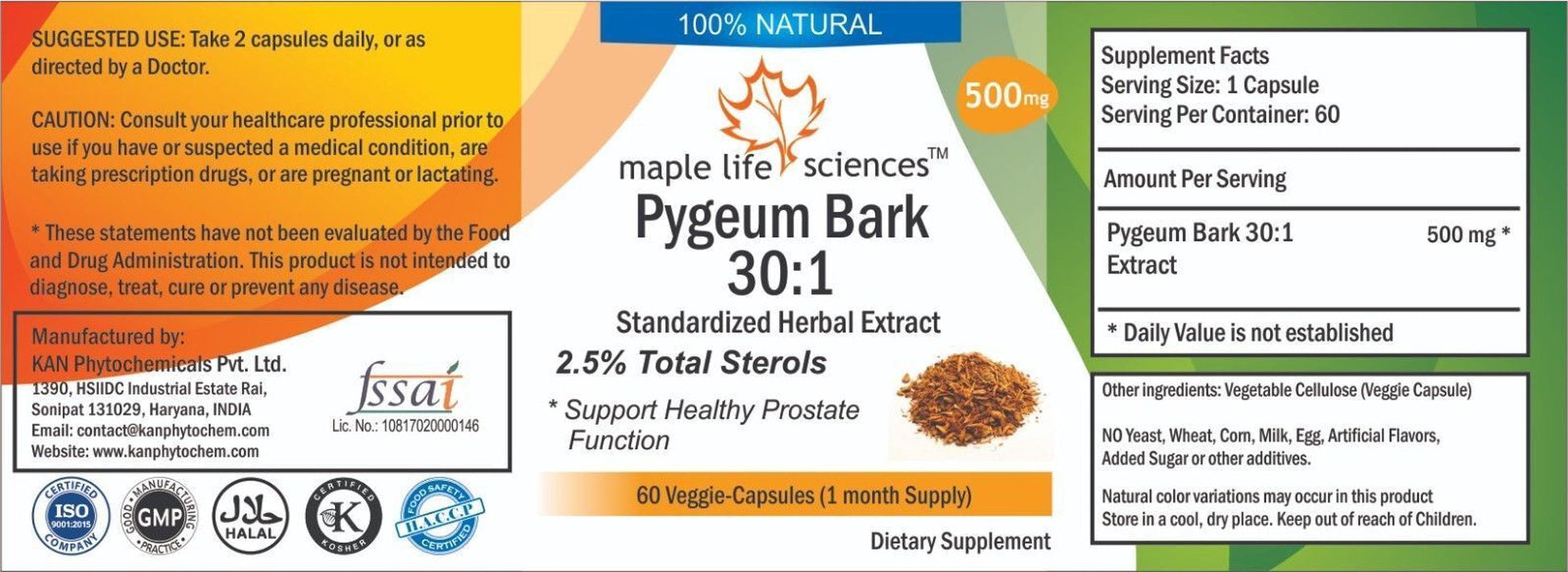 Pygeum Bark Extract Capsules 30:1 High Quality Support Healthy Prostate