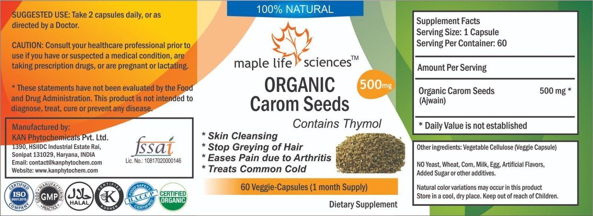 ORGANIC Carom Seeds (AJWAIN) Capsules Thymol Pure Natural Ajwain No Fillers