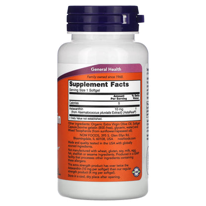 Now Foods Astaxanthin Extra Strength 10 Mg 60 Softgels GMP Quality Assured