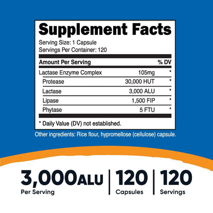 Nutricost Lactase Enzyme Complex 3,000 FCC ALU, 120 Vegetarian Capsules