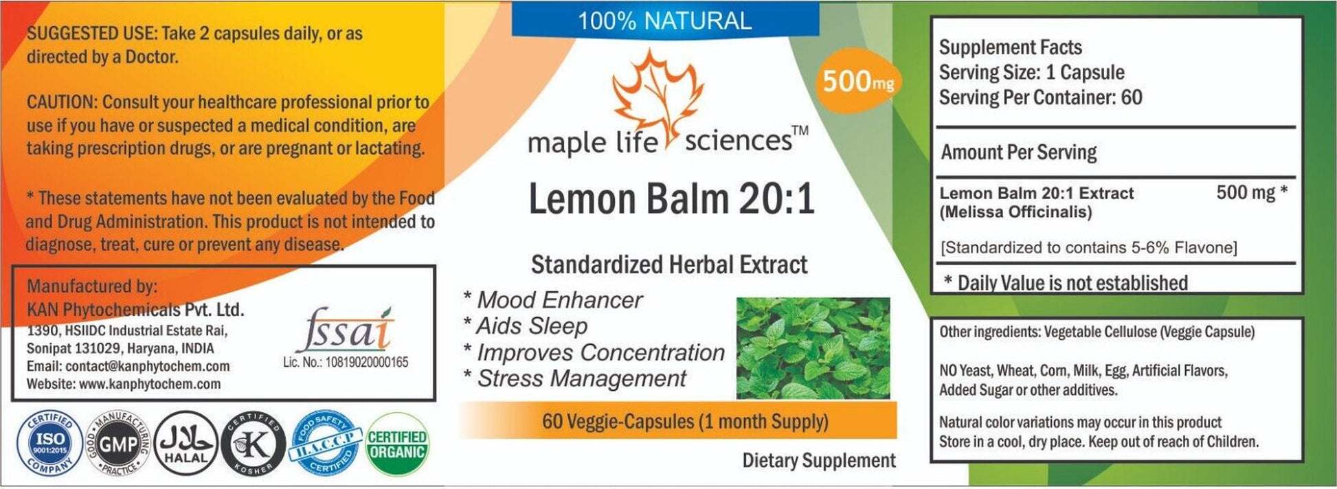 Lemon Balm 20:1 Extract Capsule, Melissa Officinalis, for Anxiety, Restful Sleep