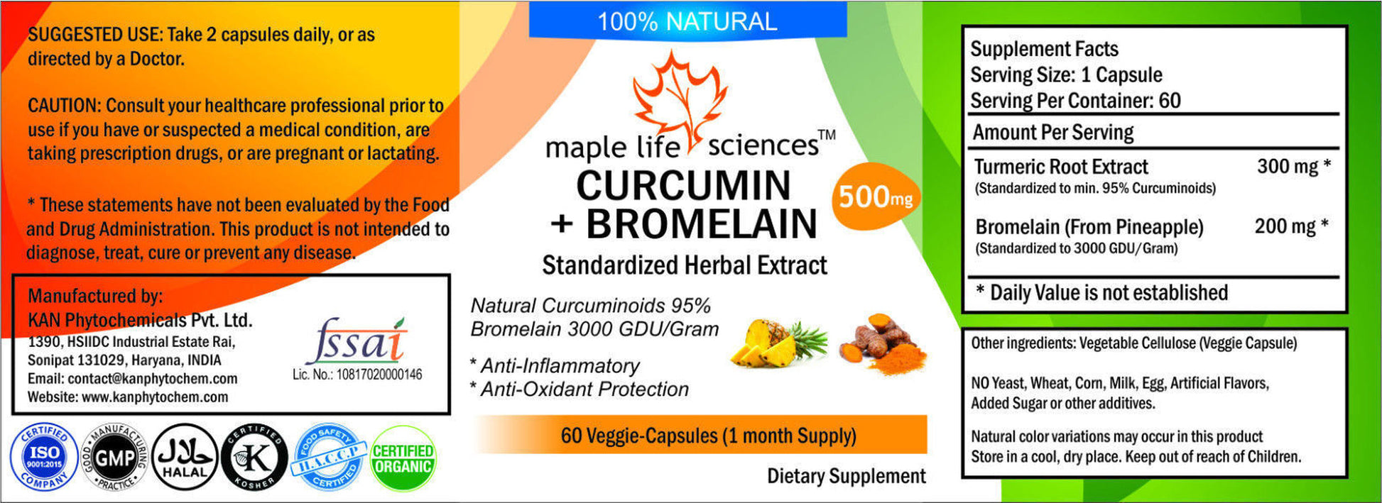 CURCUMIN 95% + BROMELAIN 3000 Gdu/Gm Extract Capsules Anti-Inflammat