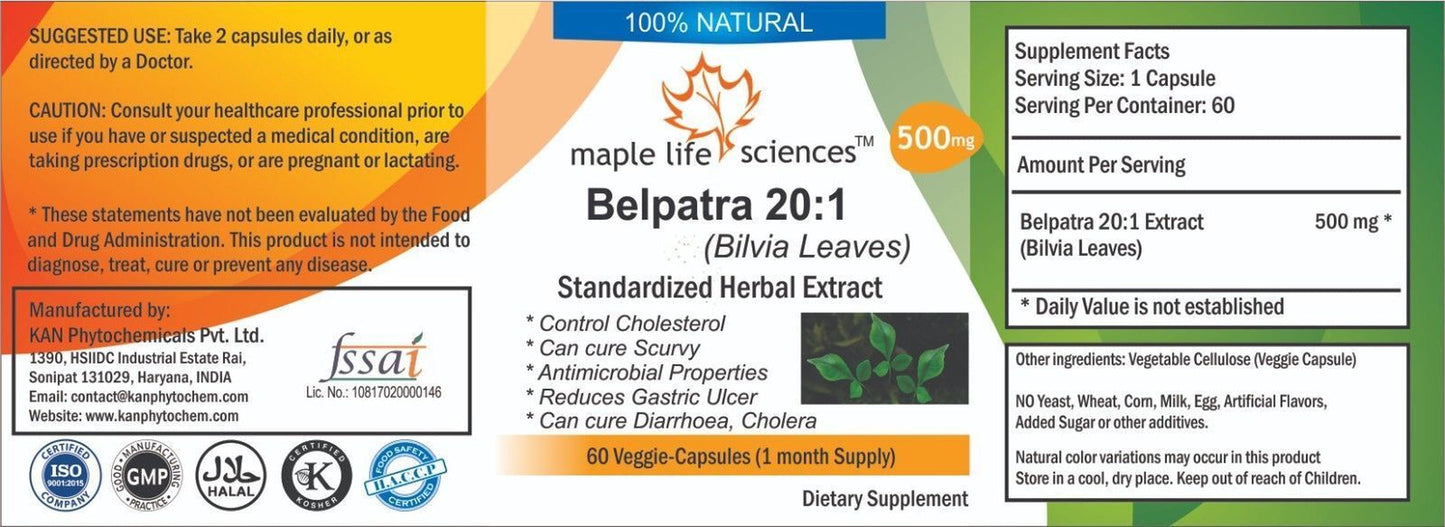 Bael Patra 20:1 Extract Capsules Bael Bilva Leaves Wood Apple Antimicrobial