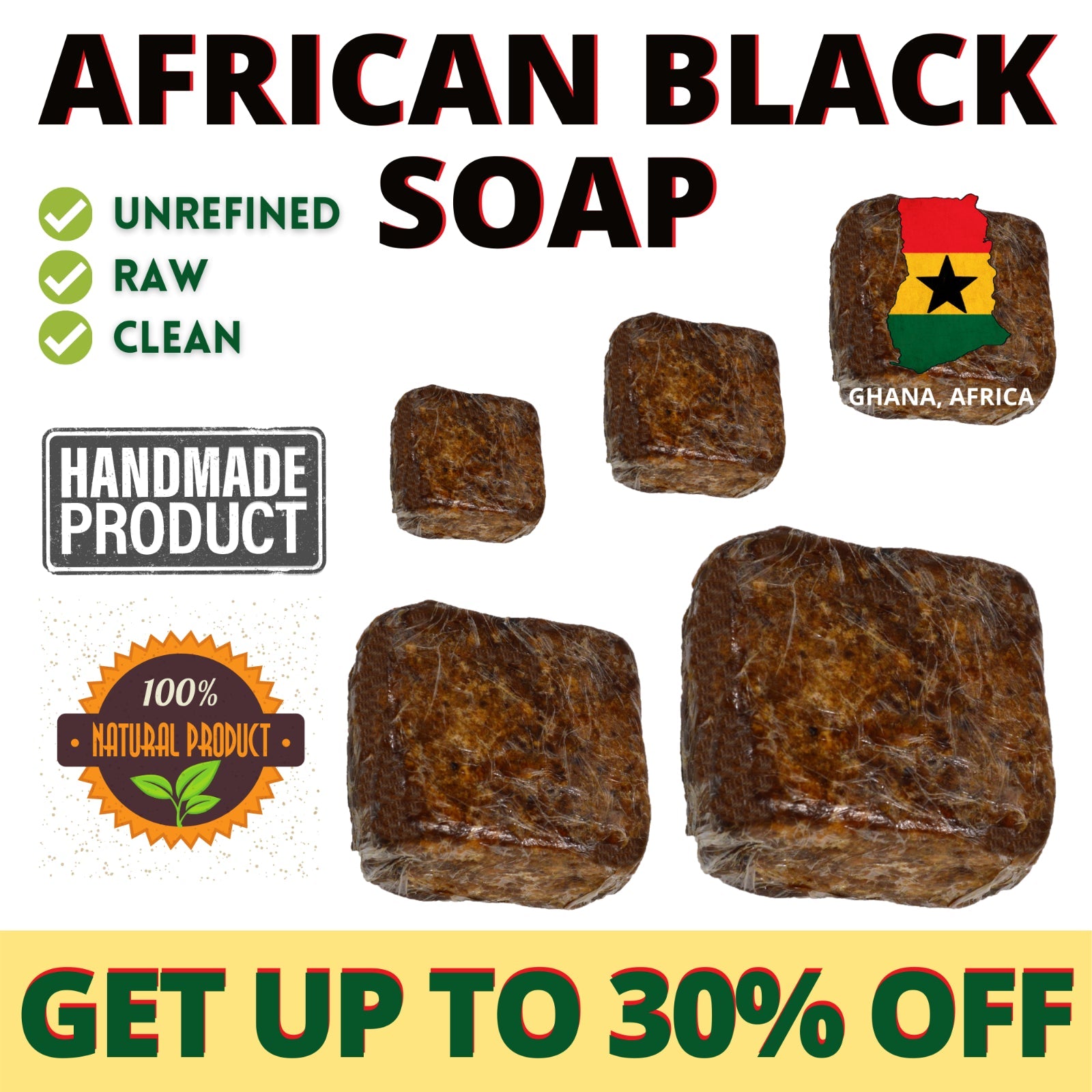 Natural Unfiltered Raw Handmade Raw Organic African Black Soap 2 Oz to 25 Pounds