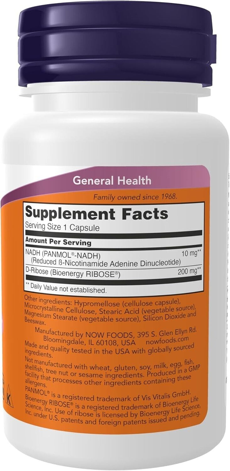 NOW Supplements NADH 10Mg + D-Ribose 200Mg - Energy & Brain Support - 60 Veg Cap