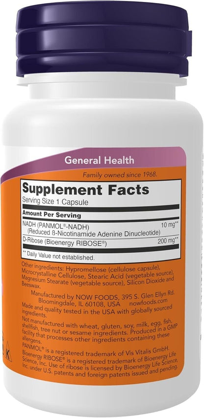 NOW Supplements NADH 10Mg + D-Ribose 200Mg - Energy & Brain Support - 60 Veg Cap