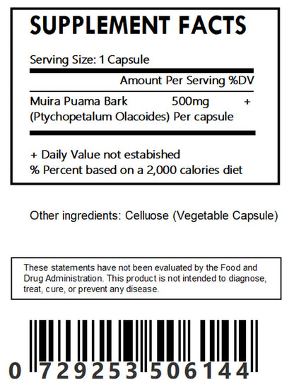 Muira Puama Bark Capsules - 500Mg Each - Ptychopetalum Olacoides -