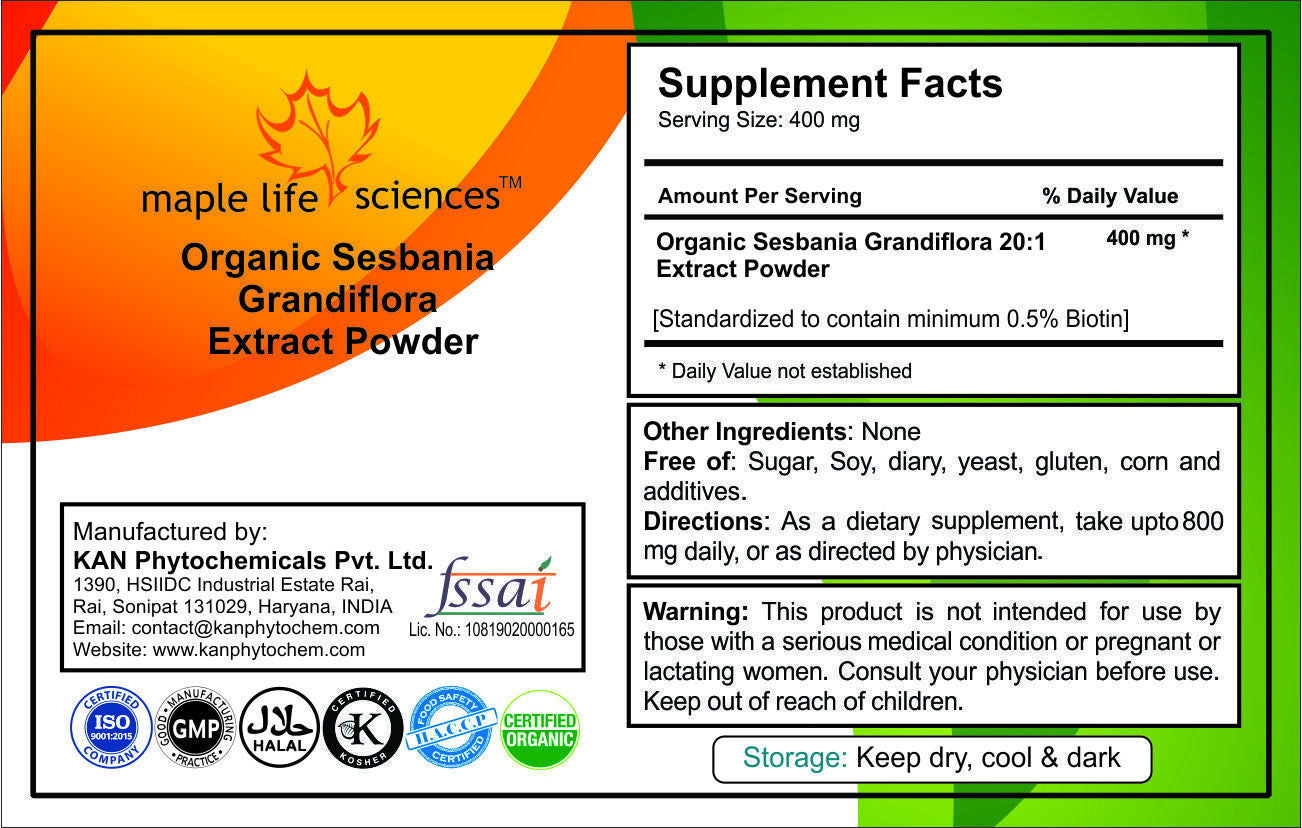 ORGANIC Sesbania Grandiflora 20:1 Extract Powder, 0.5% Biotin, 2500 Mcg Biotin