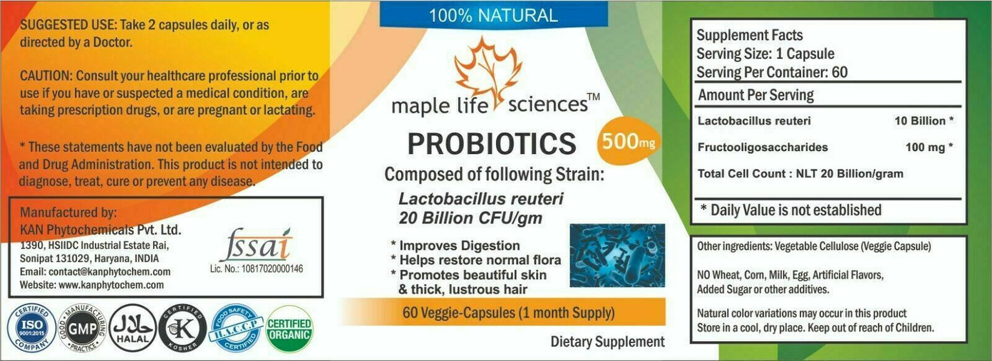 Probiotic Blend of Lactobacillus Reuteri 20 Billion CFU/GRAM Capsules 25