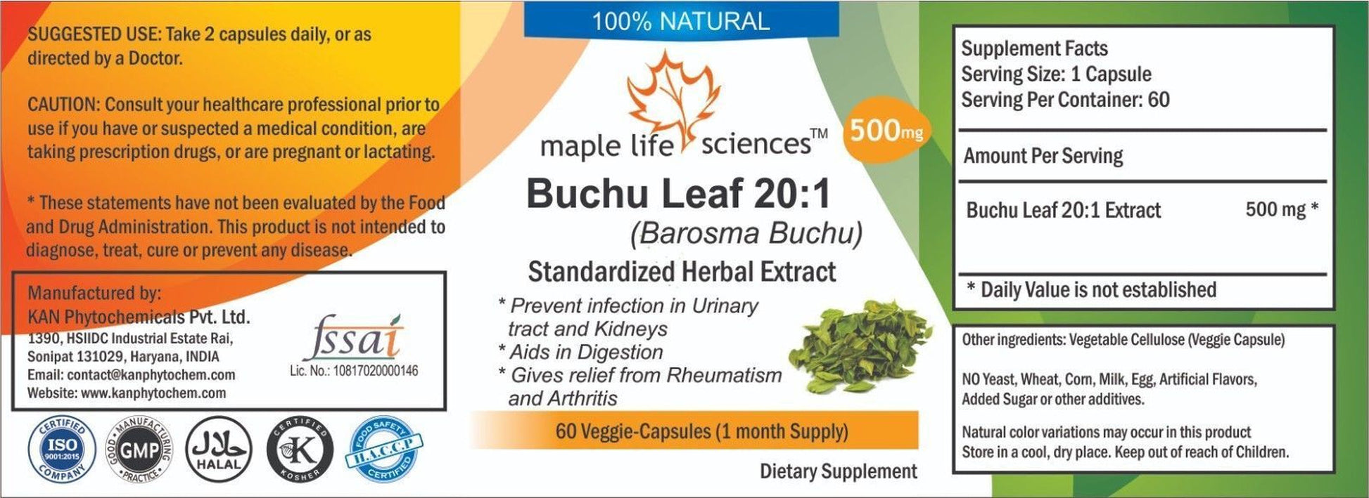 Buchu Leaf 20:1 Extract Capsules Treat Kidney Bladder Infection Utis Stds