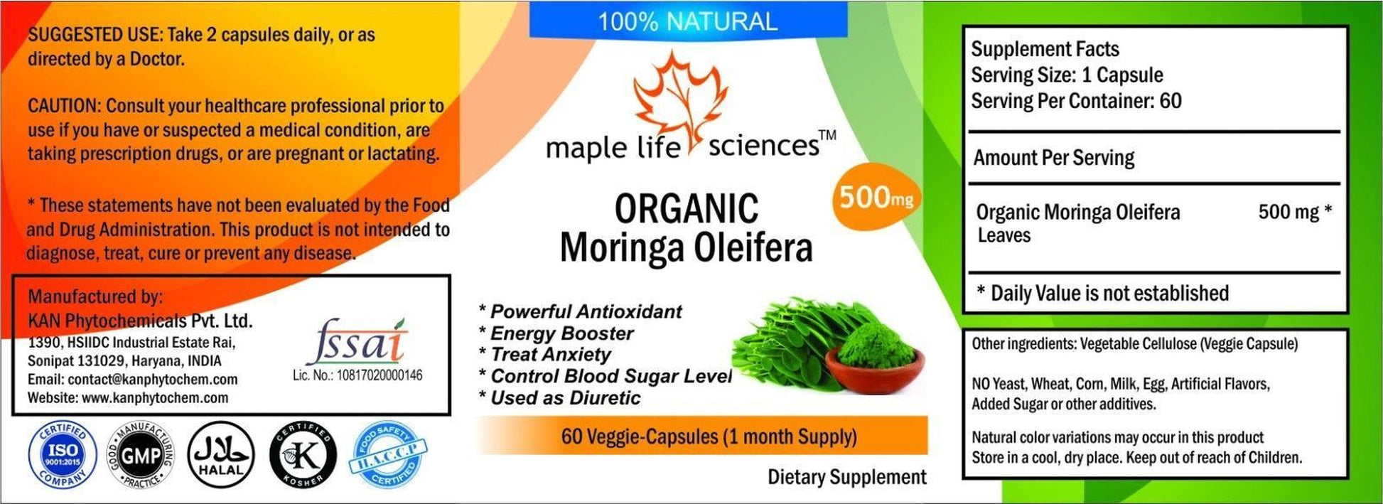 ORGANIC Moringa Oleifera Leaf Capsules Antioxidant Energy Booster No Fillers