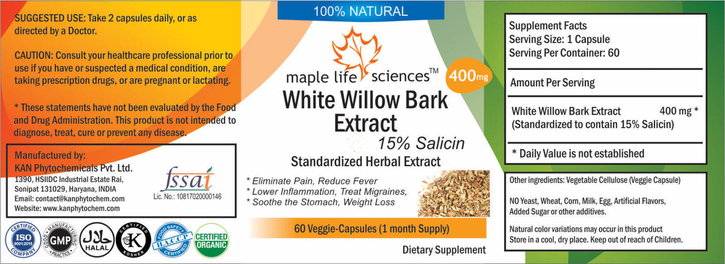 White Willow Bark Extract Capsules 15% Salicin Relief Joint and Muscles Pain