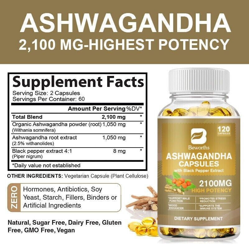 Organic Ashwagandha Capsules 2100Mg Supplement W/ Black Pepper Root Powder