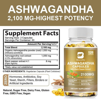 Organic Ashwagandha Capsules 2100Mg Supplement W/ Black Pepper Root Powder