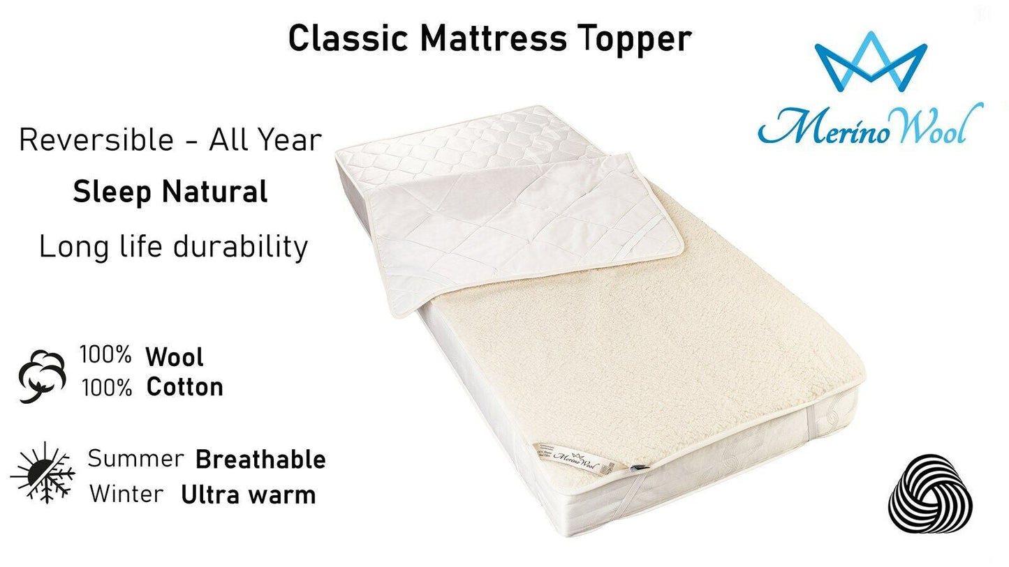 Pure Merino Wool and Cotton Mattress Topper, Bed Cover 