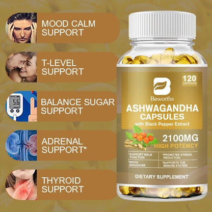 Organic Ashwagandha Capsules 2100Mg Supplement W/ Black Pepper Root Powder