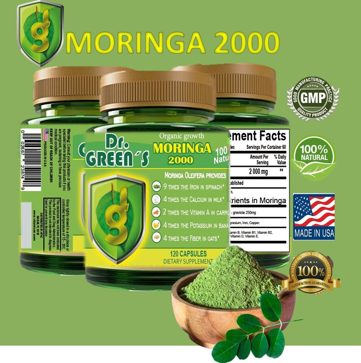 Moringa Oleifera 240 Capsules 100% Pure Leaf Powder Max 1000Mg per Serving 2000