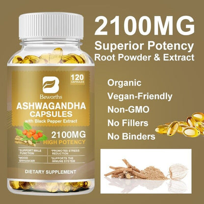 Organic Ashwagandha Capsules 2100Mg Supplement W/ Black Pepper Root Powder