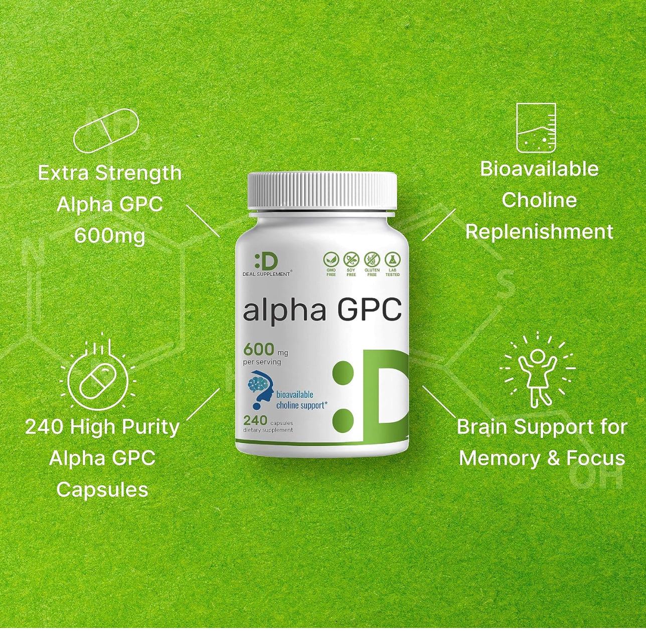 Alpha GPC 600Mg per Serving, 240 Capsules Brain Health | Non-Gmo | Gluten Free