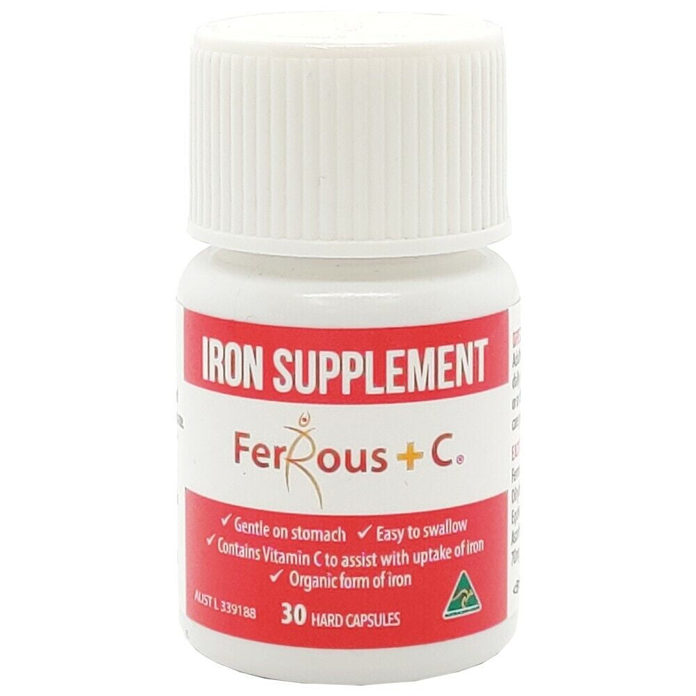 Ferrous + C Iron Supplement 30 Hard Capsules Gentle on Stomach W/ Vitamin C