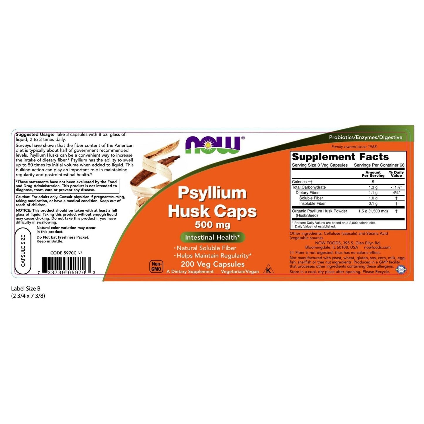 NOW Foods Psyllium Husk, 500 Mg, 200 Capsules