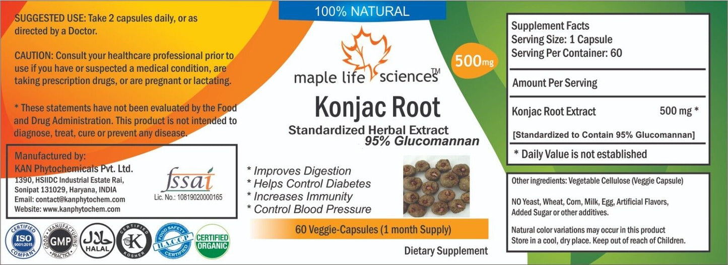 Konjac Root Extract 95% Glucomannan Capsules Pure & High Quality NO FILLERS