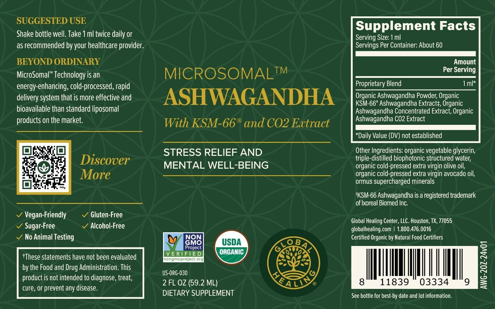 Global Healing Organic Ashwagandha KSM-66 Liquid Supplement Drops - 2 Fl Oz