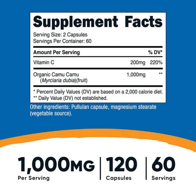 Nutricost Camu Camu Organic 1000Mg, 120 Caps - Non GMO - GF- EXP 06/2026