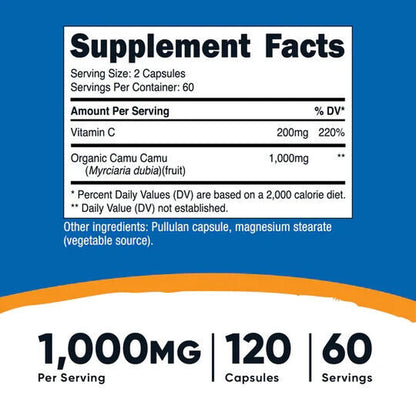 Nutricost Camu Camu Organic 1000Mg, 120 Caps - Non GMO - GF- EXP 06/2026