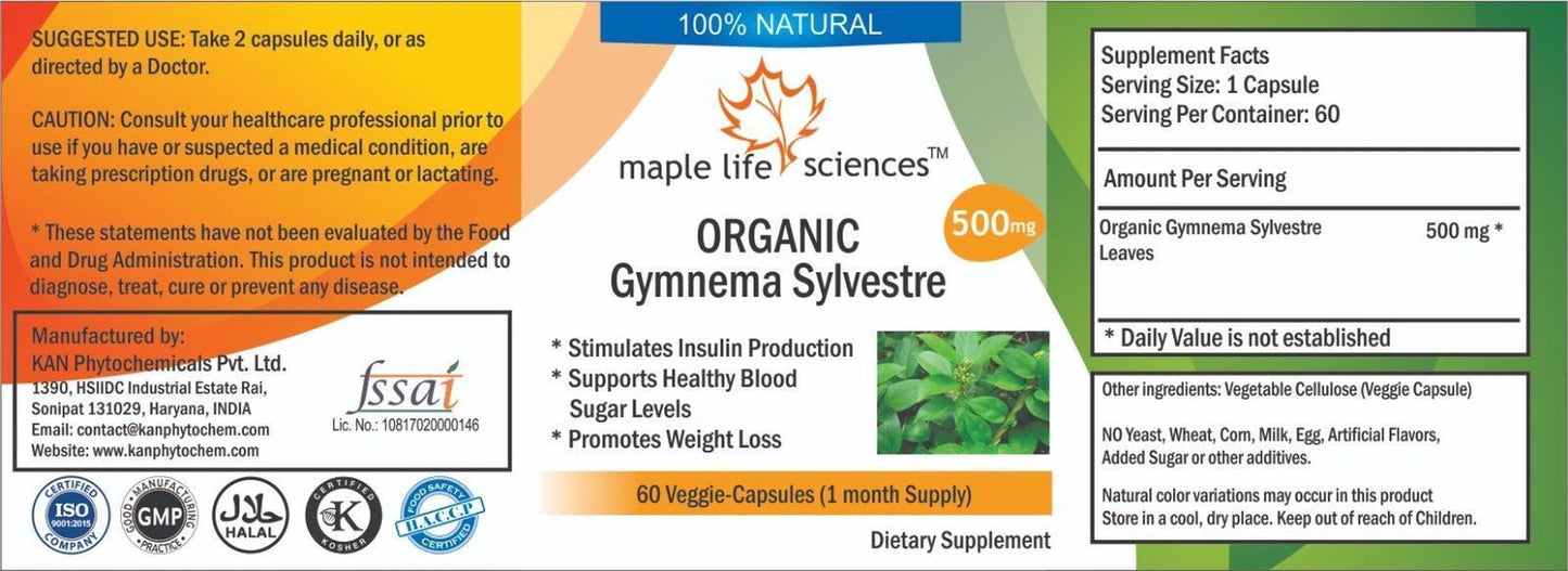 ORGANIC Gymnema Sylvestre Leaves Capsules Weight Loss Control Blood Sugar