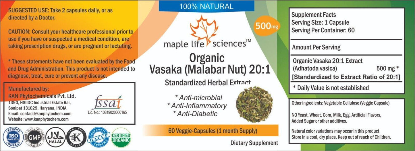 ORGANIC Vasaka 20:1 Extract Capsules Malabar Nut Adhatoda Vasica No Filer