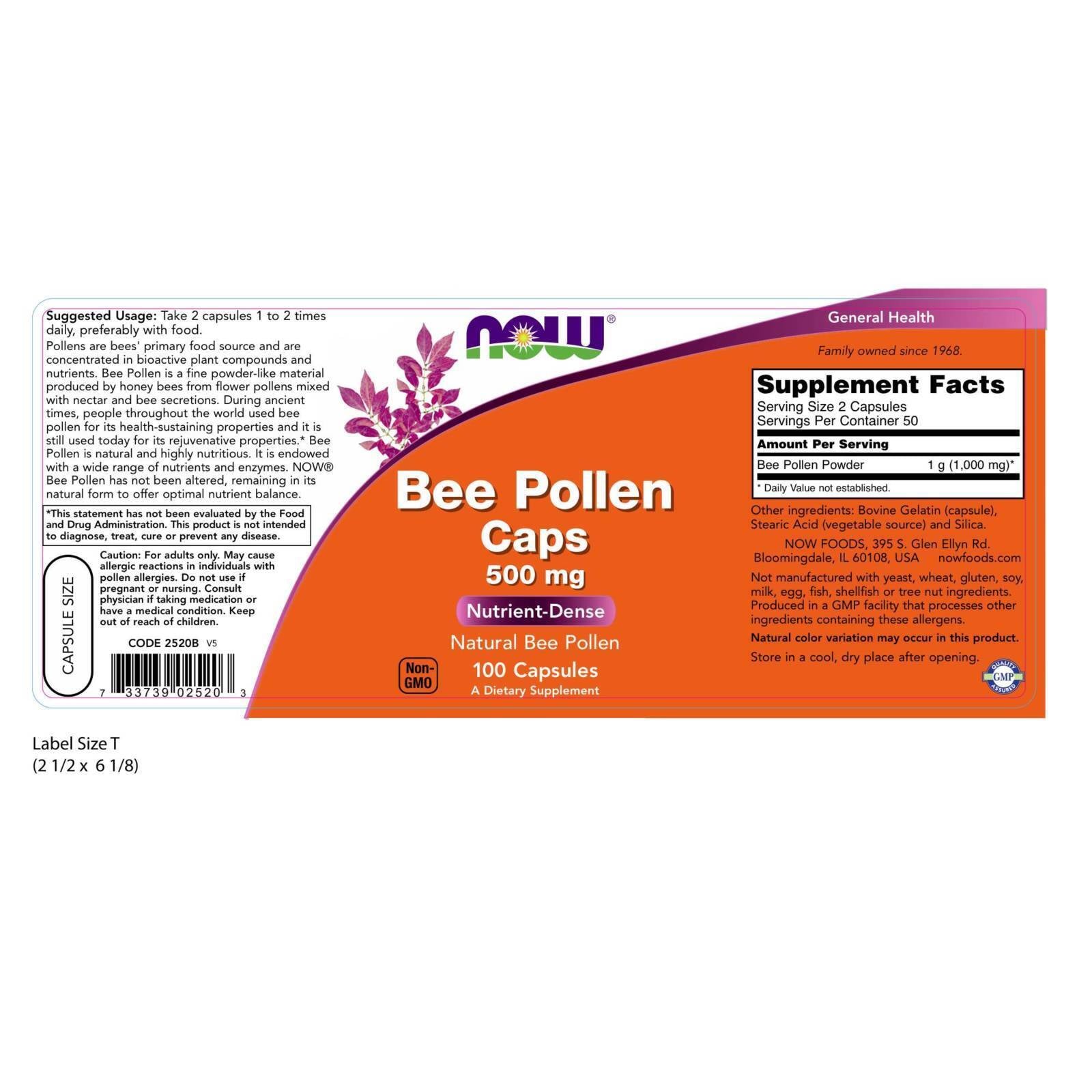 NOW FOODS Bee Pollen 500 Mg 100 Capsules